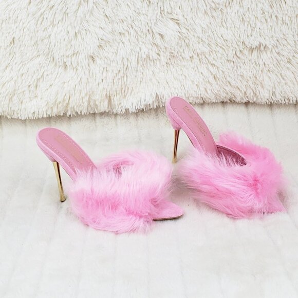 Furry Pointy Toe Slip On Gold Tone Slim Heels Pink Fuji - Picture 13 of 14